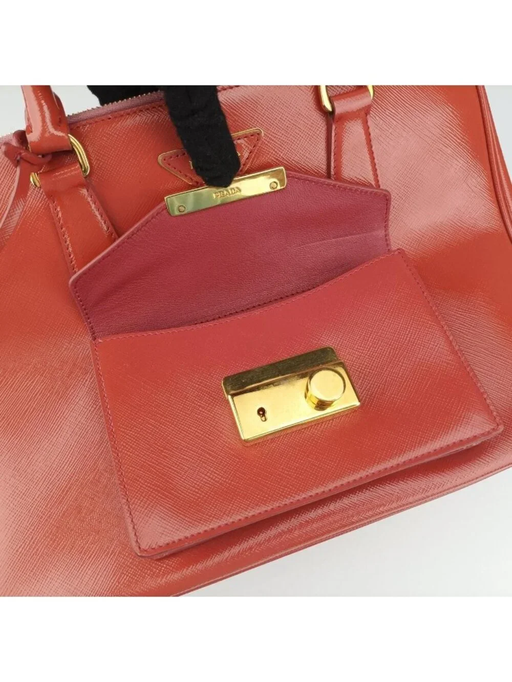 Prada Galleria Front Pocket Orange Patent 14 Shoulder Bag